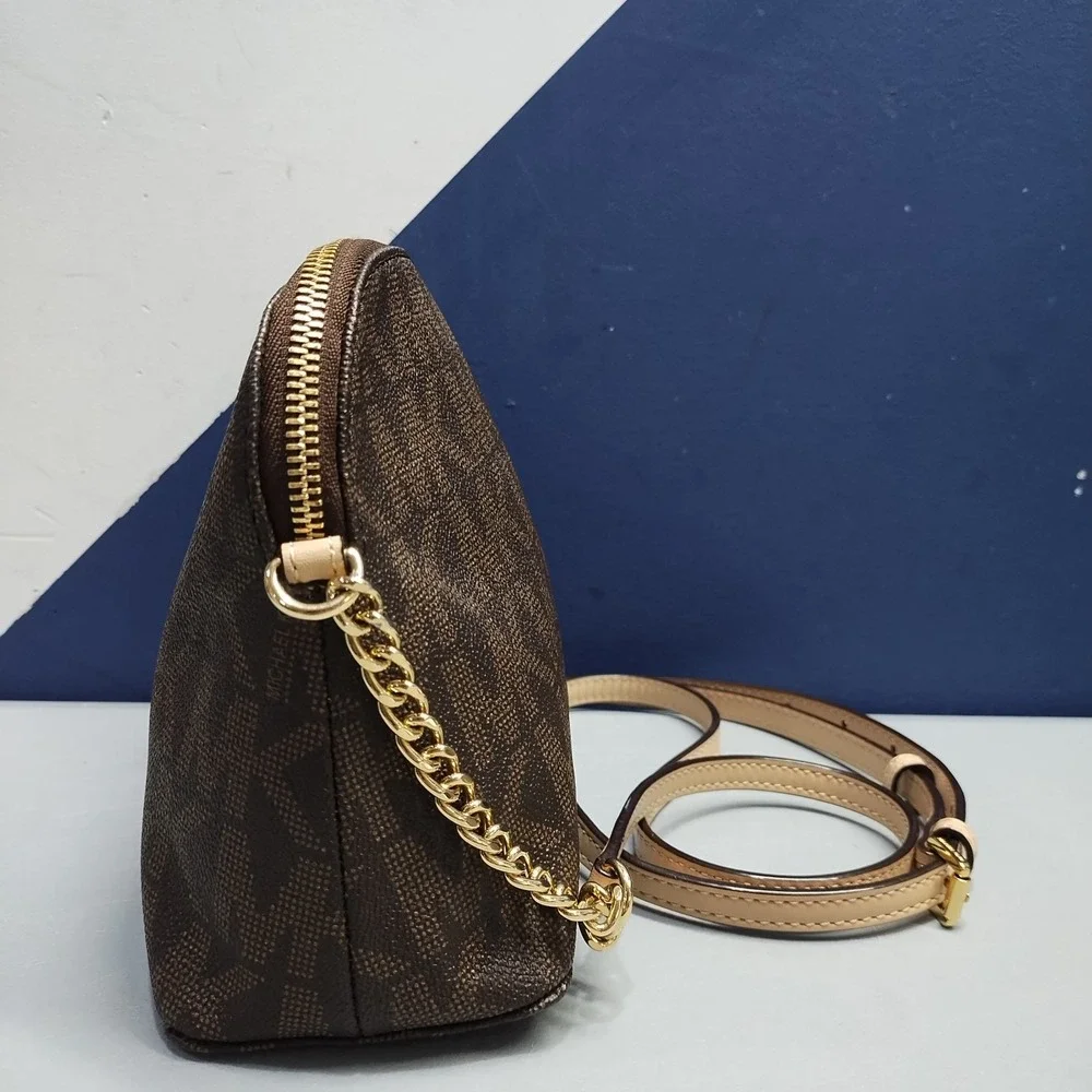 Michael Kors Jet Set Crossbody Bag Womens Brown Allover Logo Print Chain Strap